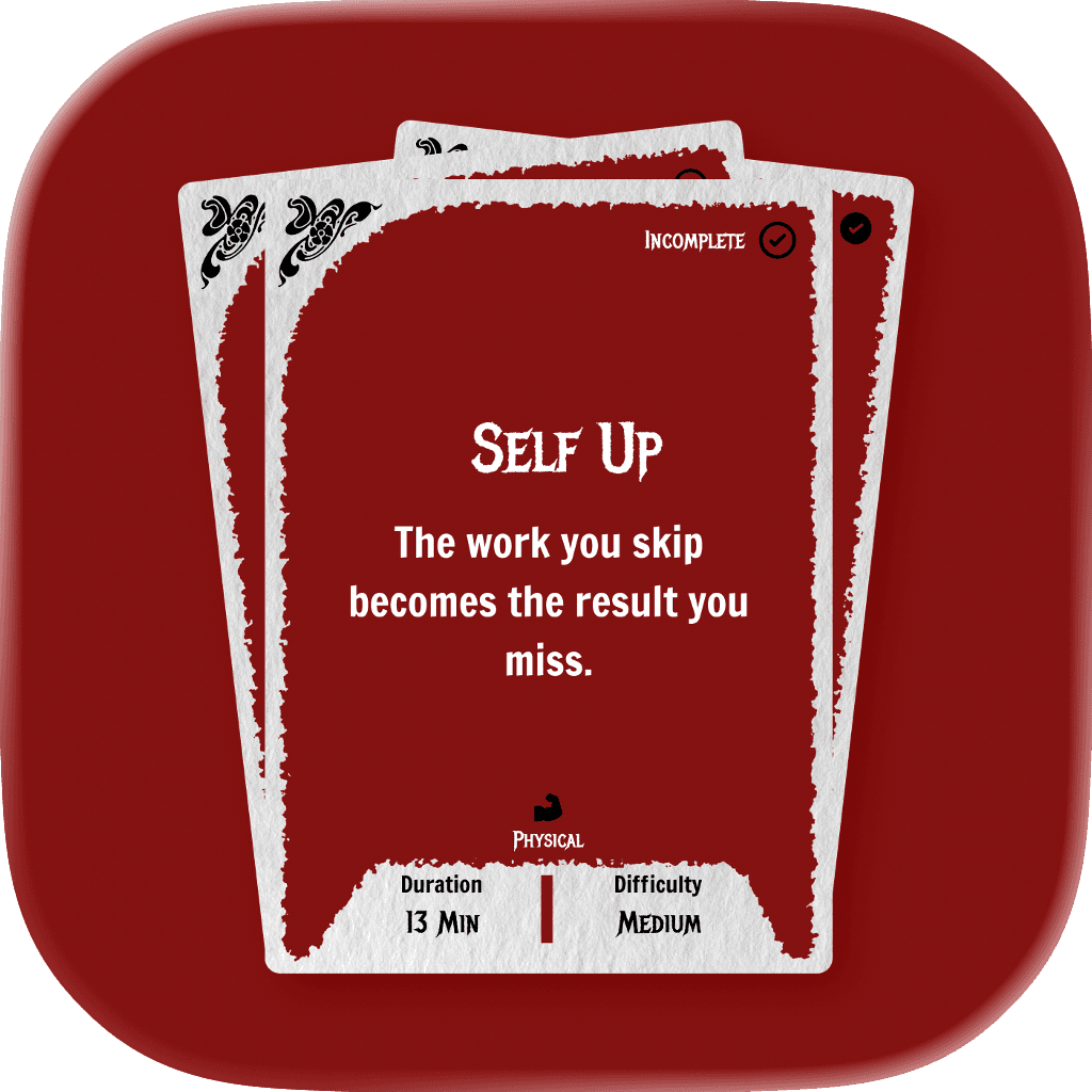 SelfUp app icon — a stack of challenge cards on a deep crimson field